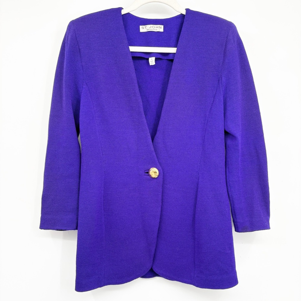 St. John Womens Purple Gold Button Santana Knit Vintage Regencycore Blazer Small